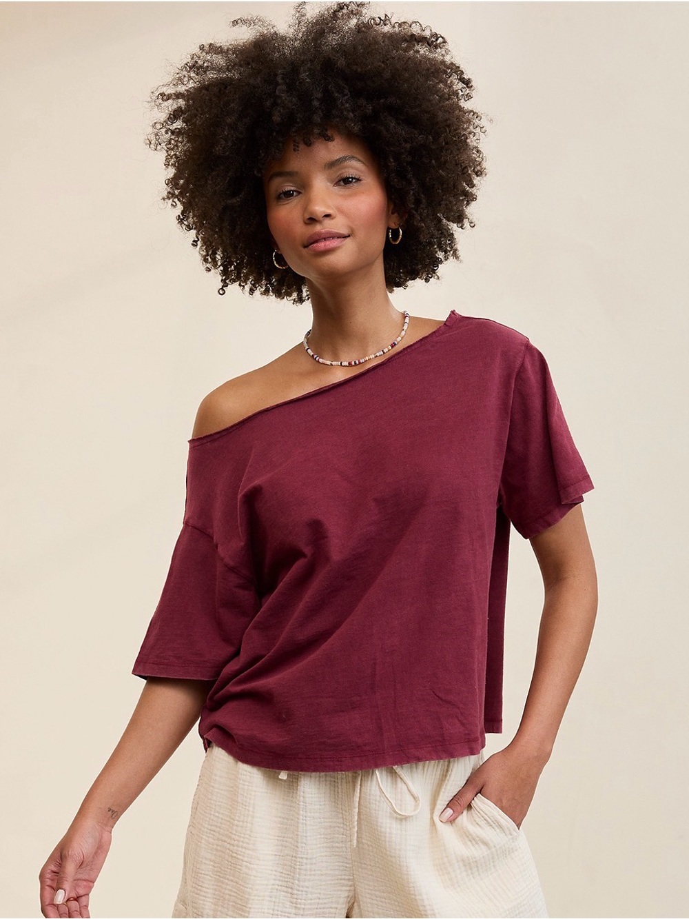 aerie Off-Shoulder Short Sleeve Tee in Burgundy NWT
